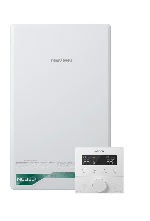 ▲ 경동나비엔 콘덴싱보일러 NCB354와 조그 다이얼 방식의 실내 온도조절기.ⓒ경동나비엔