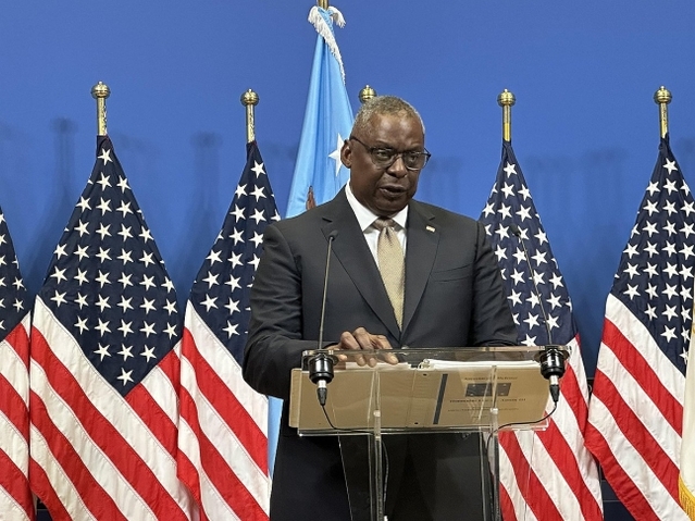 ▲ 로이드 오스틴 미 국방장관이 11일(현지시간) 오후 벨기에 브뤼셀 나토 본부에서 기자회견을 하고 있다. ⓒ연합뉴스