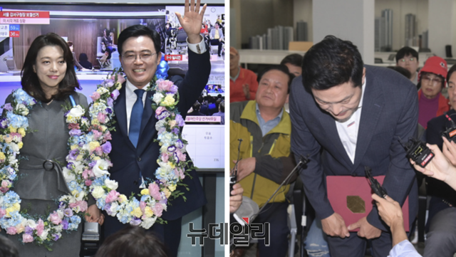 ▲ 지난 11일 서울 강서구청장 보궐선거 결과를 접한 뒤 손을 들어 화답하고 있는 진교훈(왼쪽) 더불어민주당 강서구청장 후보와 패배를 인정하며 고개를 숙인 김태우 국민의힘 강서구청장 후보. (사진=공동취재단) ⓒ정상윤 기자