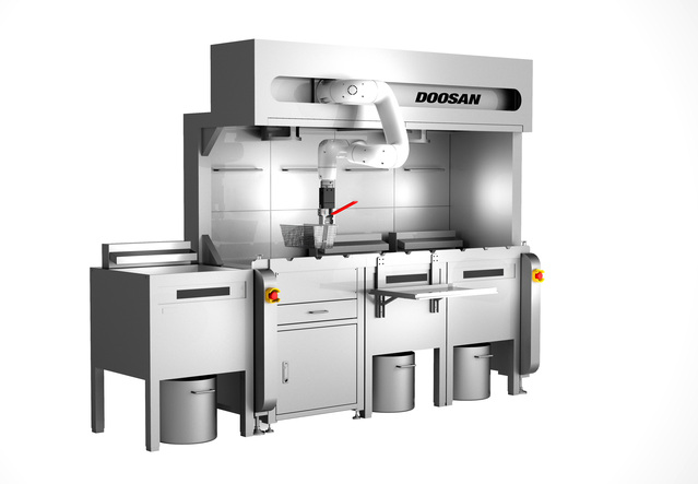▲ 두산로보틱스 협동로봇 튀김 솔루션 랜더링 이미지. ⓒ두산로보틱스