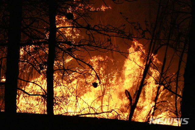 ▲ 2019년 4월4일 오후 11시46분께 강원 속초시 속초IC 인근 야산에서 발생한 산불이 장천마을 일대로 번지고 있다. ⓒ뉴시스