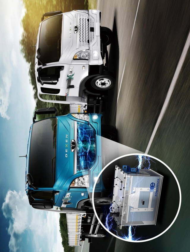 ▲ HD현대인프라코어의 배터리팩이 탑재될 예정인 타타대우상용차 준중형 트럭. ⓒHD현대인프라코어