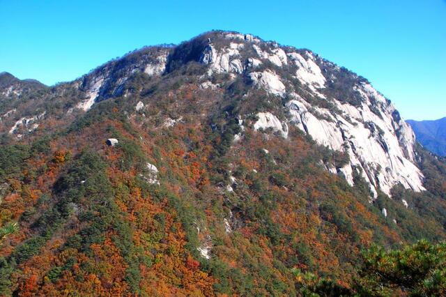 ▲ 구왕봉에서 지름티재로 하산하면서 바라본 희양산.ⓒ진경수 山 애호가