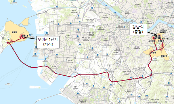 ▲ 우미린1단지~강남역 노선도.ⓒ국토교통부