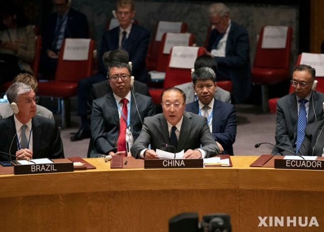 ▲ 지난 8월 3일 뉴욕 유엔본부에서 열리는 안보리 공개토론에 참석한 장쥔 주유엔 주재 중국대사의 모습. ⓒ중국 신화통신/뉴시스