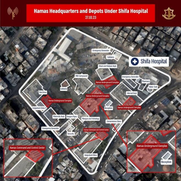 ▲ 가자지구 내 병원 지하에 위한 하마스 본부 위성사진. ⓒ이스라엘 방위군