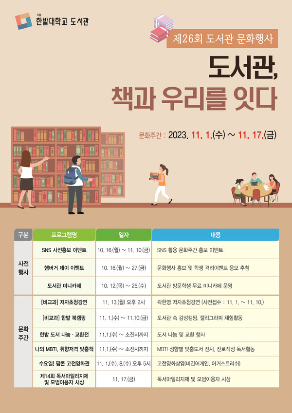 ▲ 한밭대도서관이 오는 17일까지 2주간‘제26회 도서관 문화행사’를 개최한다.ⓒ한밭대