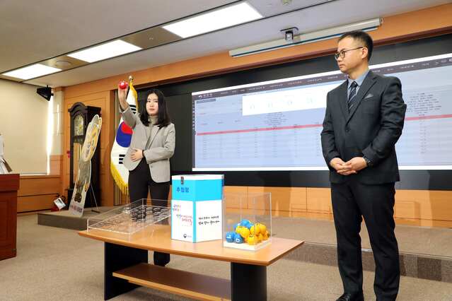▲ 2일 정부대전청사에서 병무청 주관으로 진행된 2024년 입영대상 카투사 공개 선발 과정에서 병무청 직원이 난수초기값 추첨을 위한 공을 들어보이고 있다. ⓒ병무청