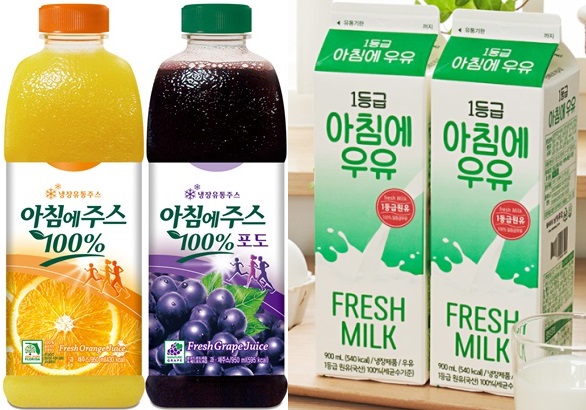 ▲ 서울우유가 1993년에 출시한 과즙 냉장음료 '아침에 주스(왼쪽)'와 남양유업이 2022년에 출시한 우유 '아침에 우유'. ⓒ각사
