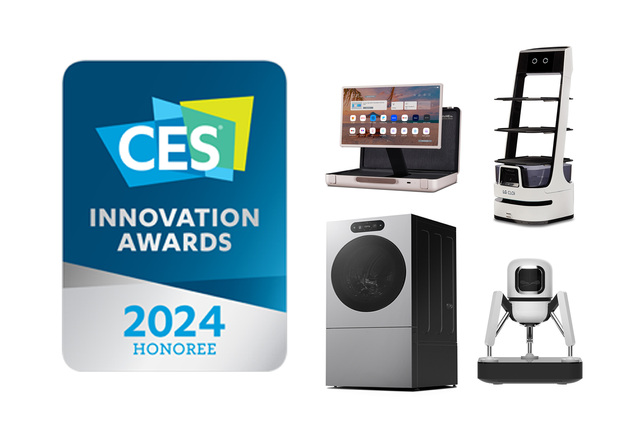 ▲ (좌측 상단부터 시계방향으로) 'CES 2024 혁신상'을 수상한 LG 스탠바이미 Go, LG 클로이 서브봇, 신개념 커피머신 듀오보, LG 시그니처 세탁건조기 ⓒLG전자