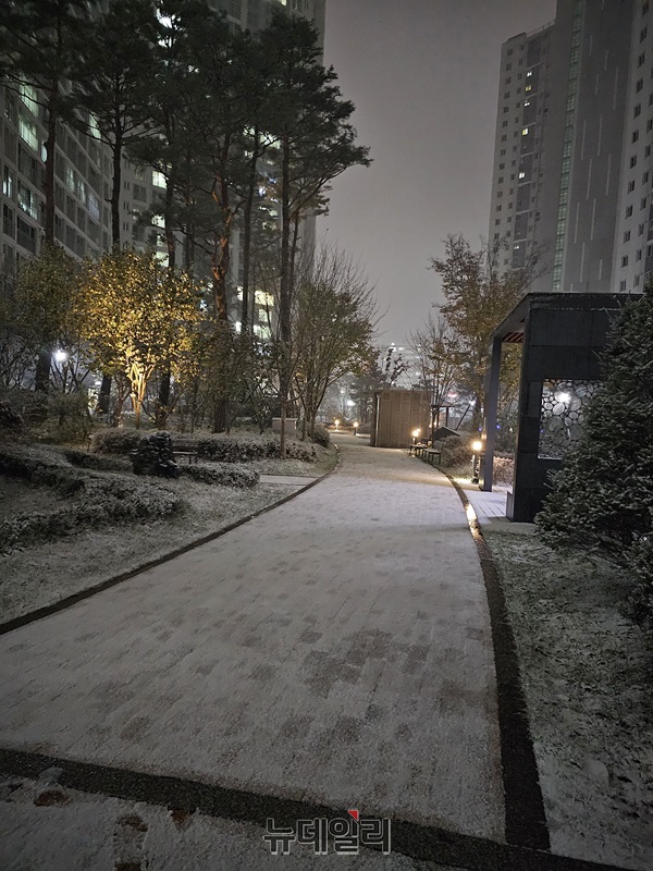 ▲ 첫 눈이 내린 17일 오후 충북 청주시 상당구 단재로 중흥에스클래스 단지.ⓒ김정원 기자