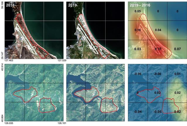 ▲ [그림 2] 2016년과 2019년 위성영상과 경제 점수 차이. 관광 개발구 중 하나인 원산 갈마지구(상단)는 유의미한 개발이 발견됐으나 공업 개발구인 위원 개발구(하단)는 변화가 나타나지 않았다.(배경사진 센티넬-2 위성영상 유럽우주국 (ESA) 제공)ⓒKAIST