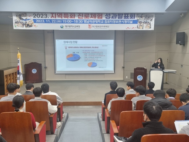 ▲ 대구시교육청은 지역 신산업 기반 진로체험 연계 팀 프로젝트에 참여한 관내 고1~2학년 학생 100여 명을 대상으로 ‘2023년 지역특화 진로체험 성과발표회’를 열었다.ⓒ대구시교육청