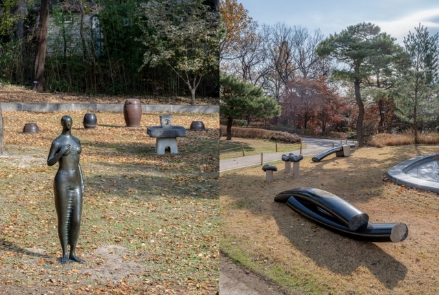 ▲ 청와대 야외에 있는 김수현 작가의 '동경'(왼쪽)과 최병훈 작가의 '태초의 잔상'.ⓒ문체부