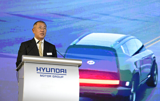 ▲ 현대차그룹은 내달 임원 인사를 단행할 예정이다. 정의선 회장이 HMGICS 준공식에서 발언하는 모습. ⓒ현대차그룹