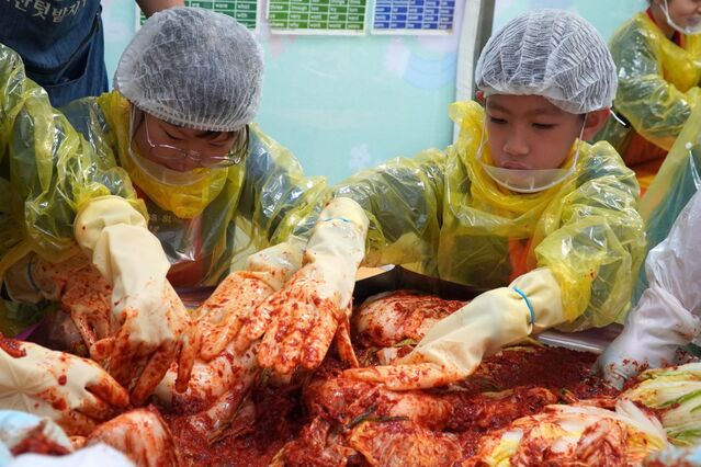 ▲ 지난 16일 ‘2023 CJ 김장 나눔’ 봉사에 참여한 경기도 오산 양문지역아동센터 아이들이 김장 체험에 열중하고 있다.ⓒCJ