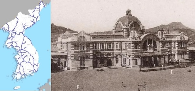 ▲ 대표적인 귀속재산의 하나, 일본이 건설한 한반도 철도망과 서울역의 모습.,