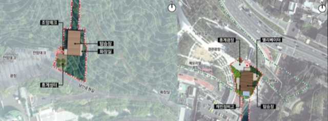 ▲ 남산 곤돌라 상부승강장 계획도(왼쪽)와 하부승강장 계획도. ⓒ서울시 제공