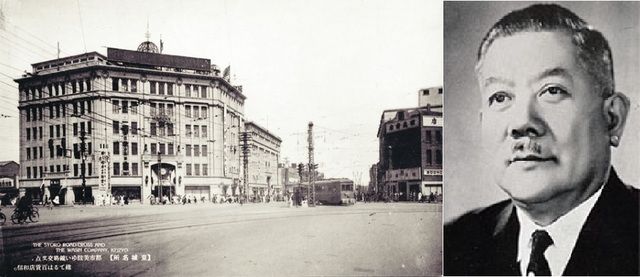 1930년대 조선인 기업의 상징 화신백화점(종로 네거리)건물, 5층에 1개층을 증축한 모습(일본이 찍은 '경성 명소' 시리즈 사진). 오른쪽 얼굴은 사장 박흥식.
