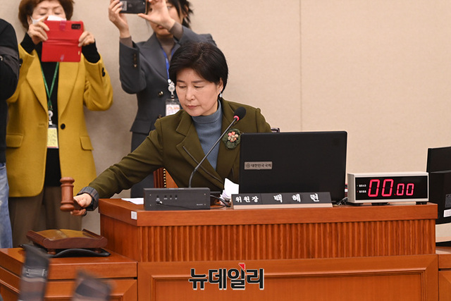 ▲ 백혜련 국회 정무위원회 위원장이 14일 오전 국회에서 열린 정무위원회 전체회의에서 의사봉을 두드리고 있다.ⓒ서성진 기자