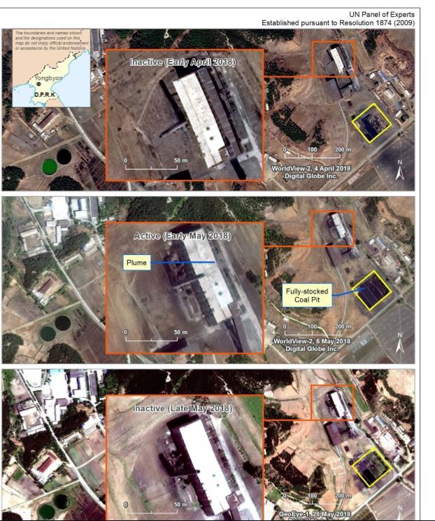 ▲ 유엔 안보리 대북제재위원회 전문가 패널은 12일(현지시간)발표한 보고서에서 북한의 제재위반 행위가 여전히 일어나고 있다고 밝혔다. 사진은 영변 5MW 원자로의 활동을 포착한 것이다. 2018년 5월초 촬영된 가운데 사진에 연기가 나오고 석탄이 가득 적재돼있는 것이 보인다. 보고서는 영변 원자로가 지난 2018년 2월과 4월, 4월 중에는 며칠동안 운영을 멈췄다면서, 이는 시설 유지를 위한 활동으로 보인다고 밝혔다. 지난해 9월과 10월에도 약 2개월간 원자로 운영이 중단됐는데, 이 때 폐연료봉 인출이 이뤄졌을 수 있다고 지적했다.   2019.03.13 ⓒ뉴시스