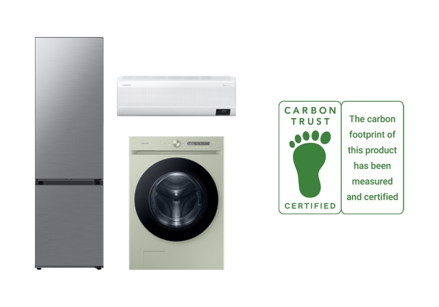 ▲ 삼성전자 세탁기·냉장고·에어컨 제품과 탄소발자국 인증 로고 이미지. ⓒ삼성전자