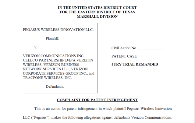 ▲ KT 특허 대리인 페가수스가 미국 통신사 버라이즌을 특허침해로 텍사스 동부지법에 고소했다ⓒ고소장 캡쳐
