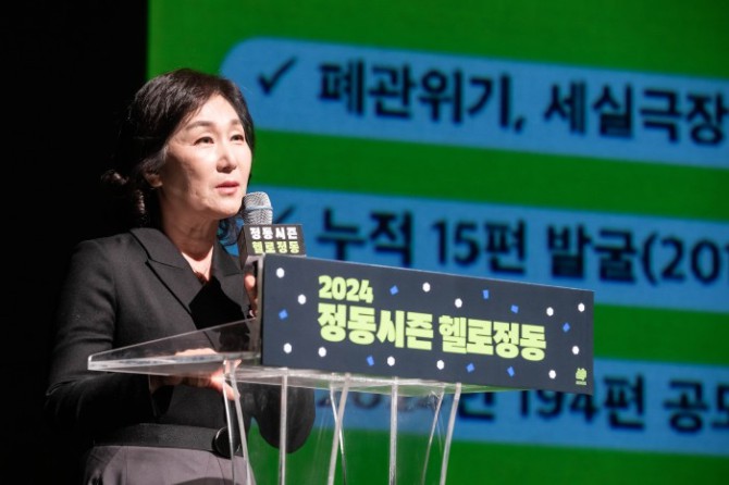 ▲ 정성숙 국립정동극장 대표가 지난 10일 서울 중구 국립정동극장에서 열린 '2024 정동시즌' 공연 라인업 발표 기자간담회에서 참석해 극장 운영계획을 발표했다.ⓒ국립정동극장