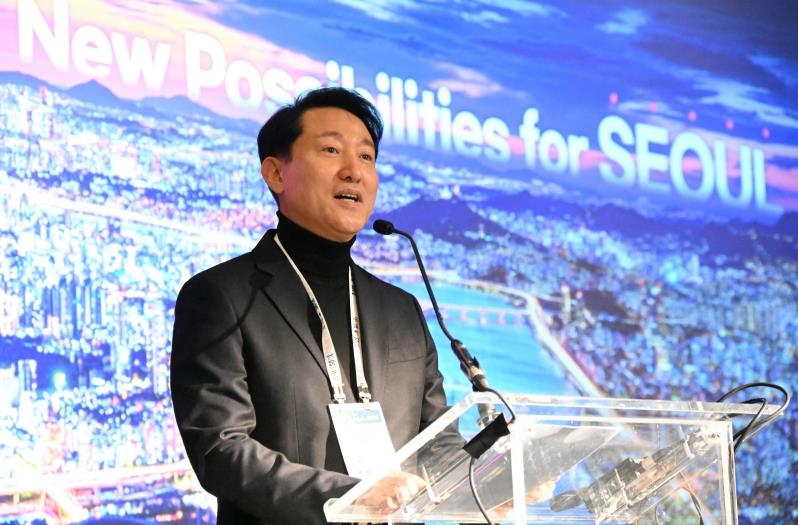 ▲ 오세훈 서울시장이 지난 9일 미국 라스베이거스에서 열린 '서울 이노베이션 포럼 2024'에서 환영사를 하고 있다.ⓒ서울시