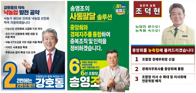 ▲ (왼쪽부터 ‘가나다’ 순) 강호동, 송영조, 조덕현 후보 선거운동 포스터 이미지. ⓒ농협중앙회선거 게시판