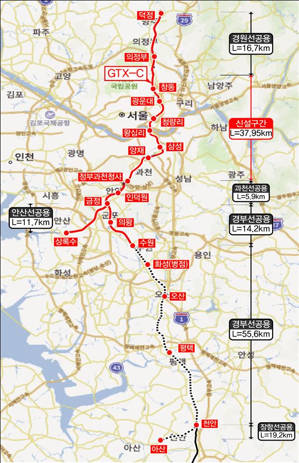 ▲ 정부의 수도권광역급행철도(GTX) C노선 천안 연장 위치도.ⓒ천안시