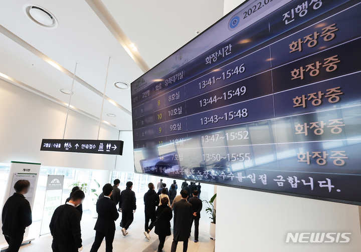 ▲ 2022년 3월17일 오후 경기도 화성시 함백산 추모공원 화장장에 화장시간 안내문이 나타나고 있다. ⓒ뉴시스