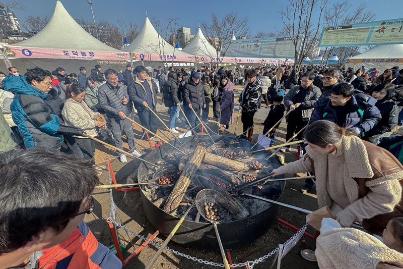 ▲ 관람객들이 장작불에 알밤을 구워 먹고 있다.ⓒ공주시