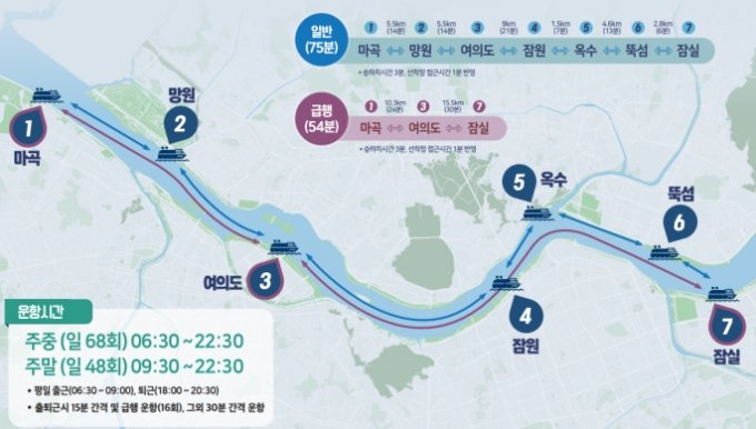 ▲ '한강 리버버스' 운항시간 및 선착장.ⓒ서울시