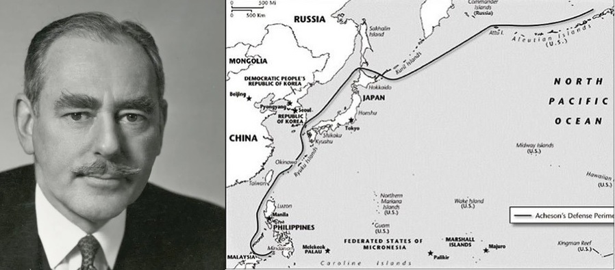 ▲ 애치슨 미국무장관(왼쪽)이 미국의 동북아 방어선을 발표한 '애치슨 라인' 지도.