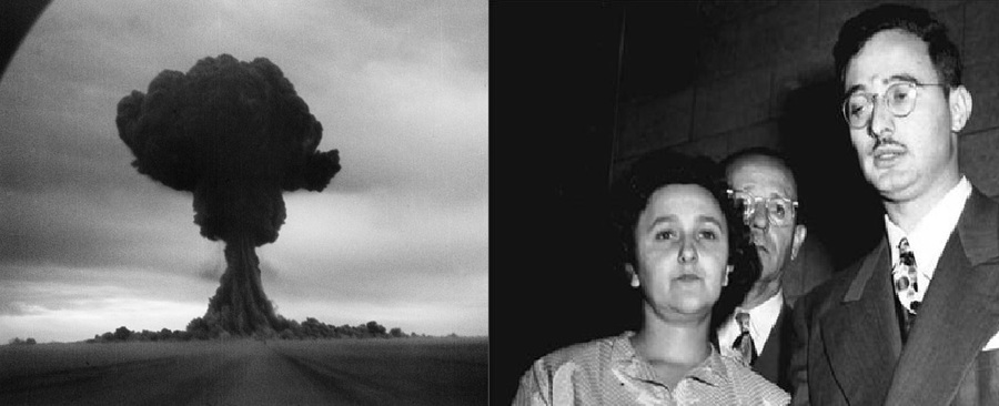 소련이 1949년8월 카자흐스탄 비밀도시에서 처음 실시한 핵폭발 구름사진. 오른쪽은 미국의 맨하튼 핵개발정보를 빼내 소련에 제공한 로젠버그 부부간첩.