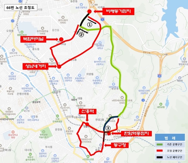 ▲ 대전시는 오는 29일부터 대단지 주거단지 입주에 따른 이용객 변화 반영과 이용객 불편 해소를 위해 시내버스 66번, 1001번 노선을 조정 운행한다.ⓒ대전시