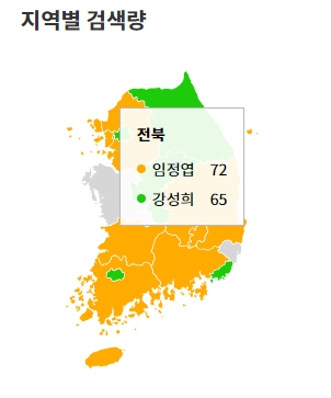 ▲ 카카오데이터트렌드에서 지난 2023년 4월 5일 전주시을 국회의원 재선거 전 약 2주간의 강성희, 임정엽 후보의 전북지역 검색량을 비교 분석한 결과 ⓒ카카오데이터트렌드