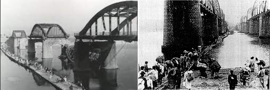 ▲ 폭파된 한강 인도교(왼쪽) 아래 설치된 부교를 건너는 사람들. 이 부교는 9.28서울탈환때 가설된 것으로 판명됨. 오른쪽 사진은 폭파된 한강 철교 아래에 임시잔교를 만들어 건너는 모습. 촬영시기 불명. (사진출처: 신기철 지음  [국민은 적이 아니다] 2014)