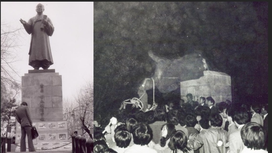 ▲ 1979년 인하대 교내에 이승만 대통령 동상이 설치됐다.(왼쪽) 1984년 학생들이 강제로 동상을 철거했다. 이 동상은 현재 경기도 파주에 있는 (주)한진 자재창고에 있는 것으로 알려졌다.ⓒ인하대 연합뉴스