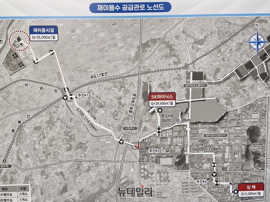 ▲ ㈜청주하이워터가 재이용수를 공급하는 SK하이닉스와 심텍의 관로 노선도.ⓒ 뉴데일리