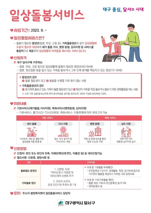 ▲ 대구 달서구(구청장 이태훈)가 2024년 돌봄서비스가 필요한 중장년과 가족돌봄청년에게 일상돌봄 서비스사업을 지속 추진한다.ⓒ달서구
