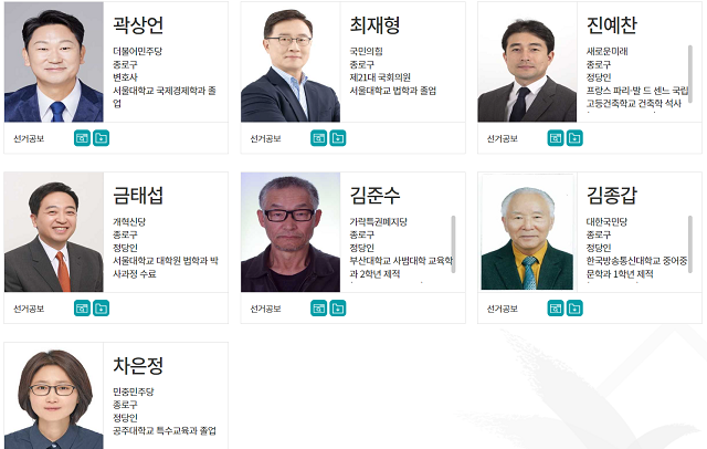▲ 22대 총선에 나온 서울 종로구 후보들.ⓒ중앙선거관리위원회