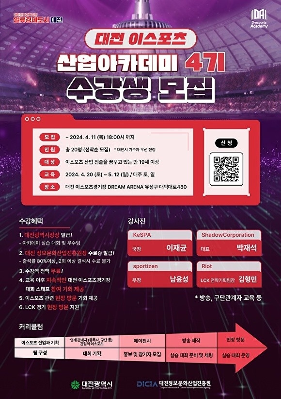 ▲ 대전정보문화산업진흥원이 오는 11일까지 ‘이스포츠 산업 아카데미’ 4기 수강생 모집 포스터.ⓒ대전정보문화산업진흥원