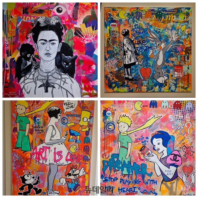 ▲ 사라슐루의 작품, IFRIDA' , 'Nature is future',  'I feel love',  'Stop playing with my heart'(위에서 좌로).ⓒ양승갑 기자
