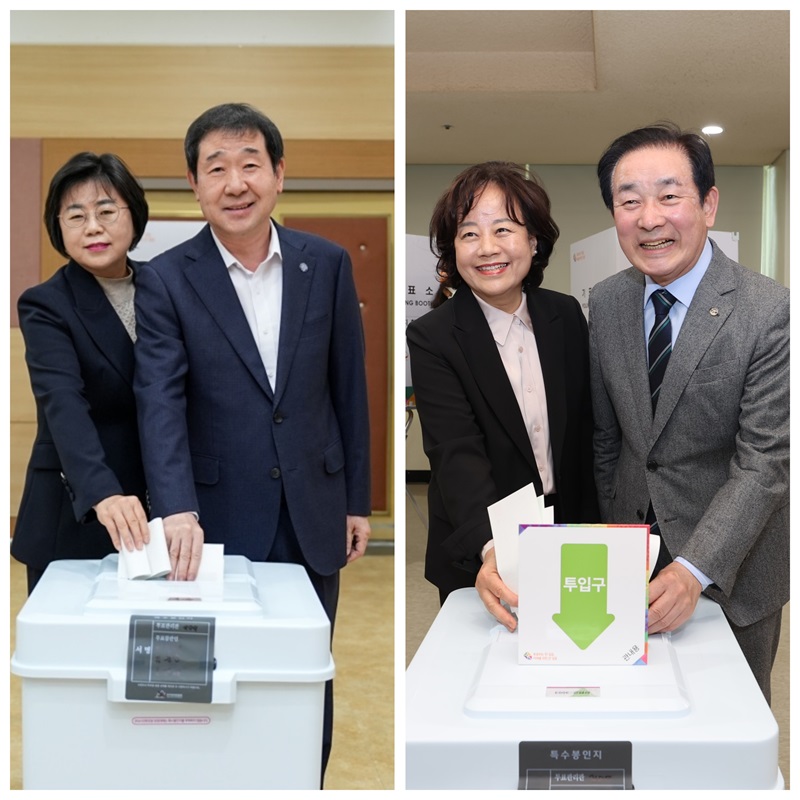 ▲ 5일 국회의원선거 사전투표를 하는 이재영 증평군수 부부(좌)와 송기섭 진천군수 부부.ⓒ증평군·진천군