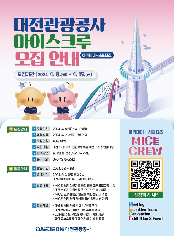 ▲ 대전관광공사가 오는 19일까지 대전 MICE산업 전문인력 양성을 위해 ‘대전관광공사 마이스크루’프로그램 참가자를 모집한다.ⓒ대전관광공사
