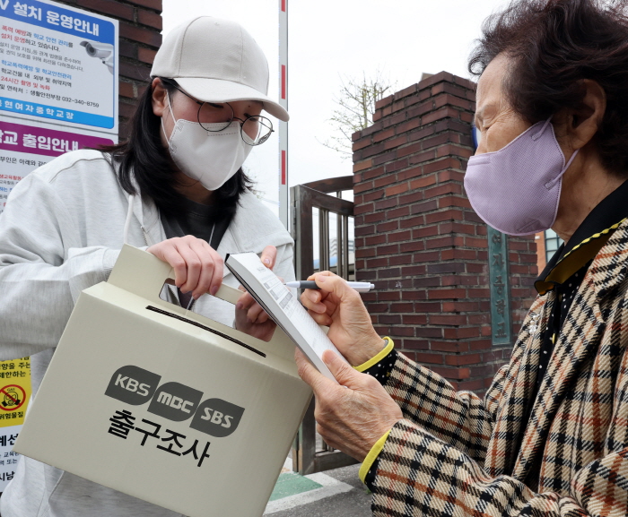 ▲ 제22대 국회의원 선거일인 10일 오전 인천 미추홀구 용현여자중학교에 마련된 투표소 앞에서 투표를 마치 유권자가 출구조사에 참여하고 있다. ⓒ뉴시스