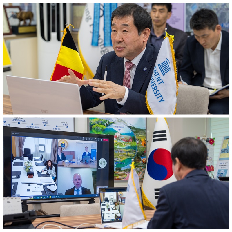 ▲ 이재영 증평 군수가  벨기에 겐트대 본교, 인천 송도 글로벌캠퍼스 관계자와 스마트팜 프로젝트를 위한 3자 화상회의를 하고 있다.ⓒ증평군