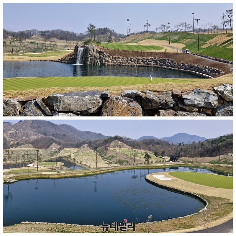 ▲ 중부권 최초로 노 캐디, 자율 주행으로 라운딩을 즐길 수 있는 음성 힐데스하임CC.사진은 클럽하우스에서 바라본 골프장 모습(상)과 밸리코스에서 바라본 전경.ⓒ양승갑 기자